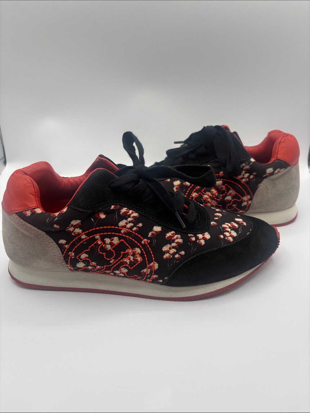 Tory Burch Black Floral Logo Lace-Up Sneakers with Red Accents